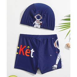 Babyhug Swimming Trunks with Cap Astronaut Print - Blue