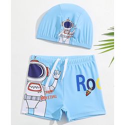 Babyhug Swimming Trunks with Cap Astronaut Print - Blue