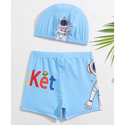 Babyhug Swimming Trunks with Cap Astronaut Print - Blue
