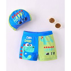 Babyhug Swimming Trunks with Cap Dino Print - Yellow & Blue