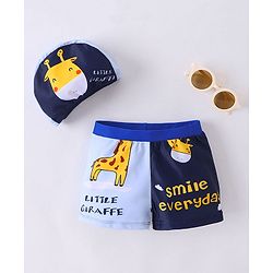 Babyhug Swimming Trunks with Cap Giraffe Print - Navy Blue