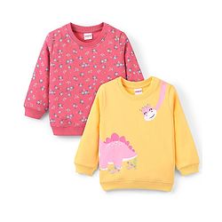 Babyhug Cotton Knit Full Sleeves Floral & Dino Graphics Sweatshirts Pack of 2 - Pink & Yellow
