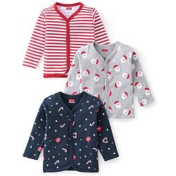 Babyhug 100% Cotton Full Sleeves Vests Striped & Christmas Theme Print Pack Of 3 - Grey Red & Blue