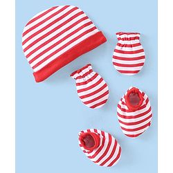 Babyhug 100% Cotton Knit Cap Mittens & Booties With Stripes - Red