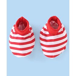 Babyhug 100% Cotton Knit Cap Mittens & Booties With Stripes - Red