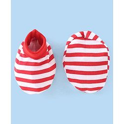 Babyhug 100% Cotton Knit Cap Mittens & Booties With Stripes - Red