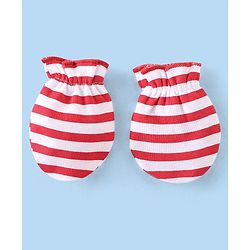 Babyhug 100% Cotton Knit Cap Mittens & Booties With Stripes - Red