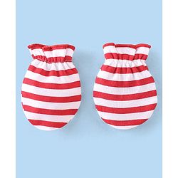 Babyhug 100% Cotton Knit Cap Mittens & Booties With Stripes - Red