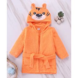 Babyhug Full Sleeves Woven Terry Tiger Faced Hooded Bath Robe - Orange