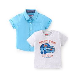 Babyhug Cotton Knit Half Sleeves Solid Shirt with Road Print T-Shirt - Blue & Grey