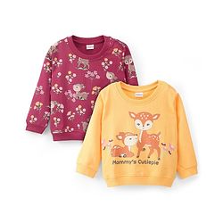 Babyhug 100% Cotton Knit Full Sleeves Sweatshirt With Floral & Deer Graphics Pack Of 2 - Yellow & Maroon