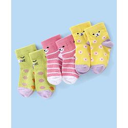 Cute Walk by Babyhug Cotton Knit Anti-Bacterial Ankle Length Floral & Animal Design Socks Pack of 3 - Pink & Yellow