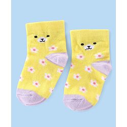 Cute Walk by Babyhug Cotton Knit Anti-Bacterial Ankle Length Floral & Animal Design Socks Pack of 3 - Pink & Yellow