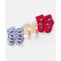 Cute Walk by Babyhug Cotton Knit Anti-Bacterial Ankle Length Cars & Striped Design Socks Pack of 3 - Red & Blue