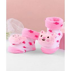 Cute Walk by Babyhug Ankle Length  Sock Shoes With Cat Applique - Light Pink