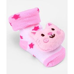 Cute Walk by Babyhug Ankle Length  Sock Shoes With Cat Applique - Light Pink