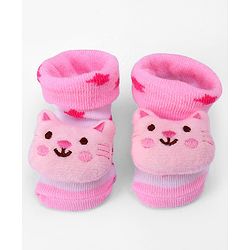 Cute Walk by Babyhug Ankle Length  Sock Shoes With Cat Applique - Light Pink