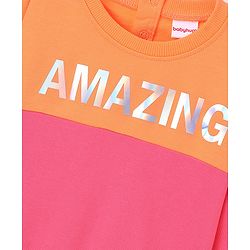 Babyhug Cotton Knit Full Sleeves Sweatshirt With Holographic Foil Print - Pink & Orange