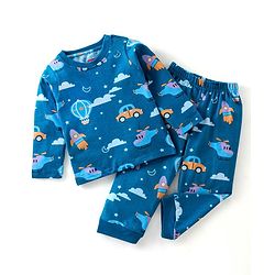 Babyhug Cotton Knit Full Sleeves Night Suit Vehicles Printed - Blue