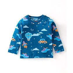 Babyhug Cotton Knit Full Sleeves Night Suit Vehicles Printed - Blue