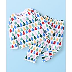 Babyhug Cotton Knit Single Jersey Full Sleeves Night Suit With Pinetree Print - White