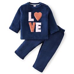 Babyhug 100% Cotton Full Sleeves Winter Wear Suit With Text Embroidery - Navy Blue