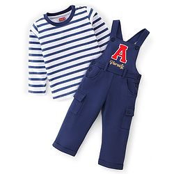 Babyhug 100% Cotton Knit Dungarees With Full Sleeves T-Shirt Text Print - White & Navy Blue