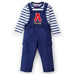 Babyhug 100% Cotton Knit Dungarees With Full Sleeves T-Shirt Text Print - White & Navy Blue