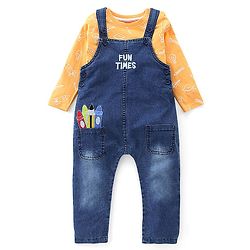 Babyhug Dungaree and Full Sleeves T-Shirt Set Rocket Print - Orange & Blue