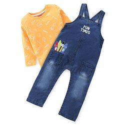 Babyhug Dungaree and Full Sleeves T-Shirt Set Rocket Print - Orange & Blue