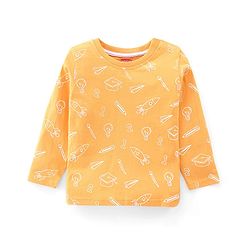 Babyhug Dungaree and Full Sleeves T-Shirt Set Rocket Print - Orange & Blue