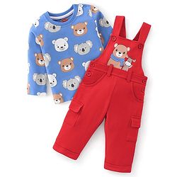 Babyhug 100% Cotton Knit Dungarees With Full Sleeves T-Shirt Animals Print - Red & Navy Blue