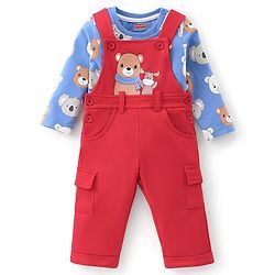 Babyhug 100% Cotton Knit Dungarees With Full Sleeves T-Shirt Animals Print - Red & Navy Blue
