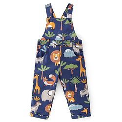 Babyhug Cotton Knit Lion Printed Dungaree with Full Sleeves Striped Inner Tee - Orange & Blue