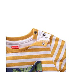 Babyhug Cotton Knit Lion Printed Dungaree with Full Sleeves Striped Inner Tee - Orange & Blue
