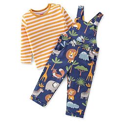 Babyhug Cotton Knit Lion Printed Dungaree with Full Sleeves Striped Inner Tee - Orange & Blue
