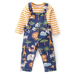 Babyhug Cotton Knit Lion Printed Dungaree with Full Sleeves Striped Inner Tee - Orange & Blue