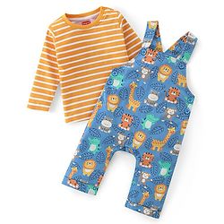 Babyhug 100% Cotton Knit Dungarees & Full Sleeves T-Shirt With Striped & Animals Print - Orange & Blue