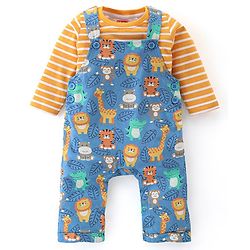 Babyhug 100% Cotton Knit Dungarees & Full Sleeves T-Shirt With Striped & Animals Print - Orange & Blue
