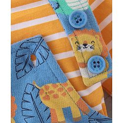Babyhug 100% Cotton Knit Dungarees & Full Sleeves T-Shirt With Striped & Animals Print - Orange & Blue