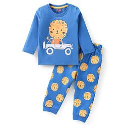 Babyhug Cotton Knit Full Sleeves Lion Printed Night Suit - Blue