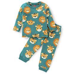 Babyhug Single Jersey Full Sleeves Night Suit with Lion Print - Green