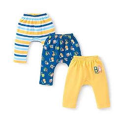 Babyhug Cotton Full Length Diaper Pants Striped & Printed Pack of 3 - Blue & Yellow