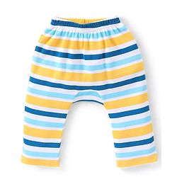Babyhug Cotton Full Length Diaper Pants Striped & Printed Pack of 3 - Blue & Yellow