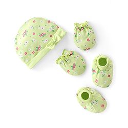 Babyhug 100% Cotton Knit  Cap Mittens & Booties Floral Print -Green