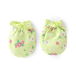 Babyhug 100% Cotton Knit  Cap Mittens & Booties Floral Print -Green