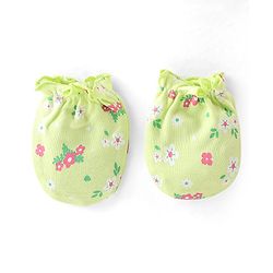 Babyhug 100% Cotton Knit  Cap Mittens & Booties Floral Print -Green