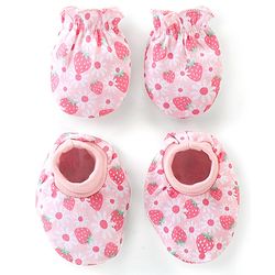 Babyhug 100% Cotton Knit Floral Printed Mittens & Booties -Pink