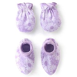 Babyhug 100% Cotton Knit Floral Print Mittens & Booties - Purple