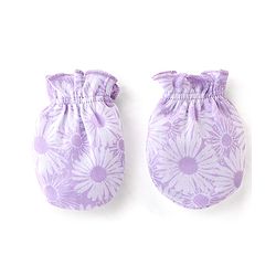 Babyhug 100% Cotton Knit Floral Print Mittens & Booties - Purple